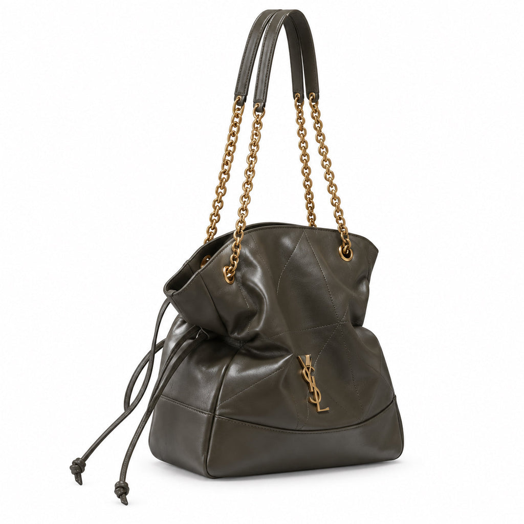 YSL Saint Laurent Bougeoir Drawstring Tote in Khaki Quilted Leather