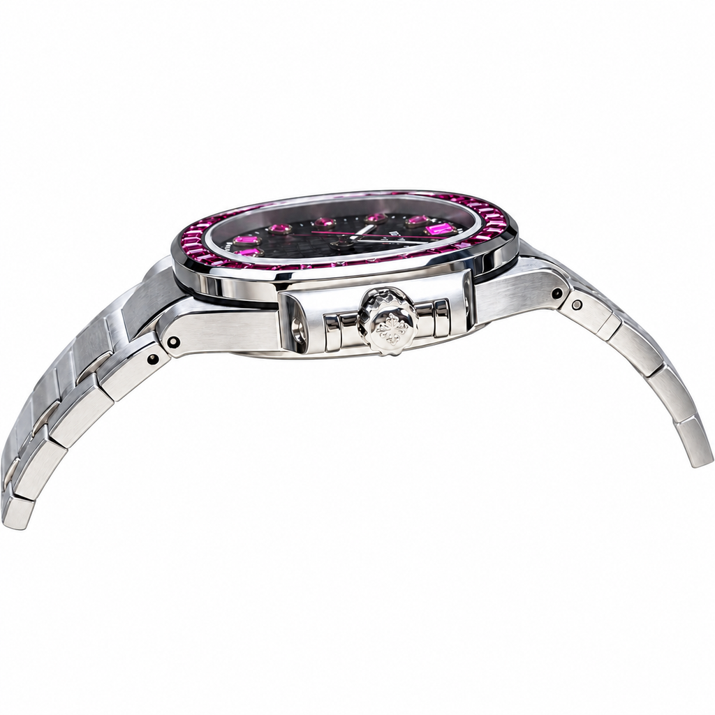 Patek Philippe Nautilus Pink Sapphire Baguette Steel Black Dial