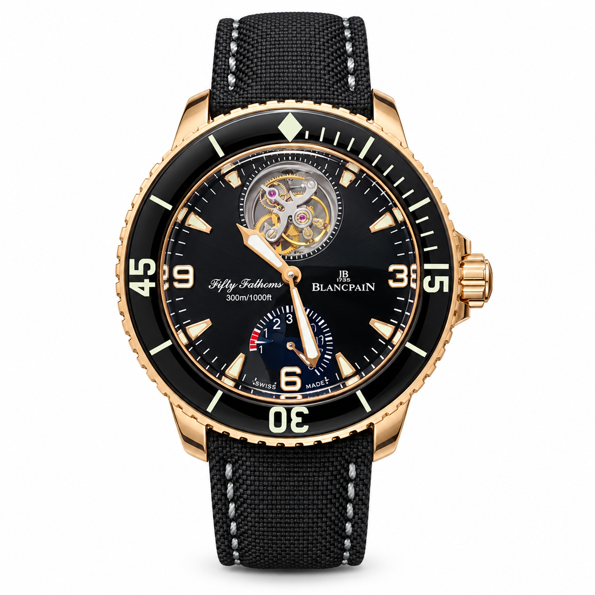 Blancpain Fifty Fathoms flying tourbillon rose gold black dial power reserve indicator black ceramic bezel sailcloth strap 300m dive watch