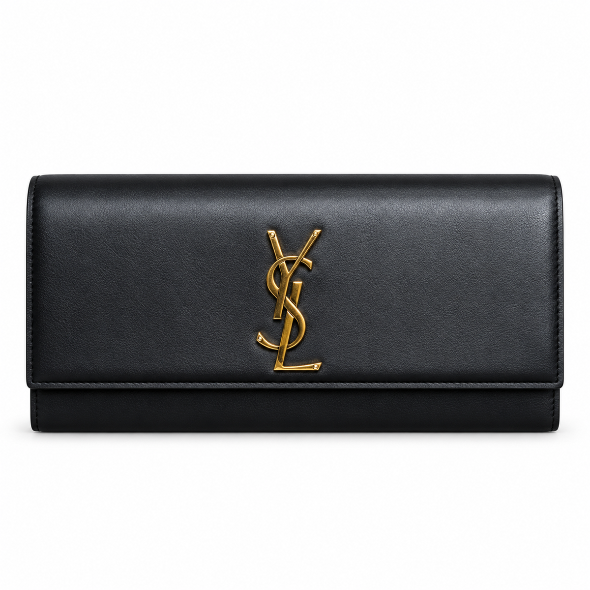 Saint Laurent Cassandre flat clutch in smooth black calfskin leather with oversized gold-tone YSL monogram on flap
