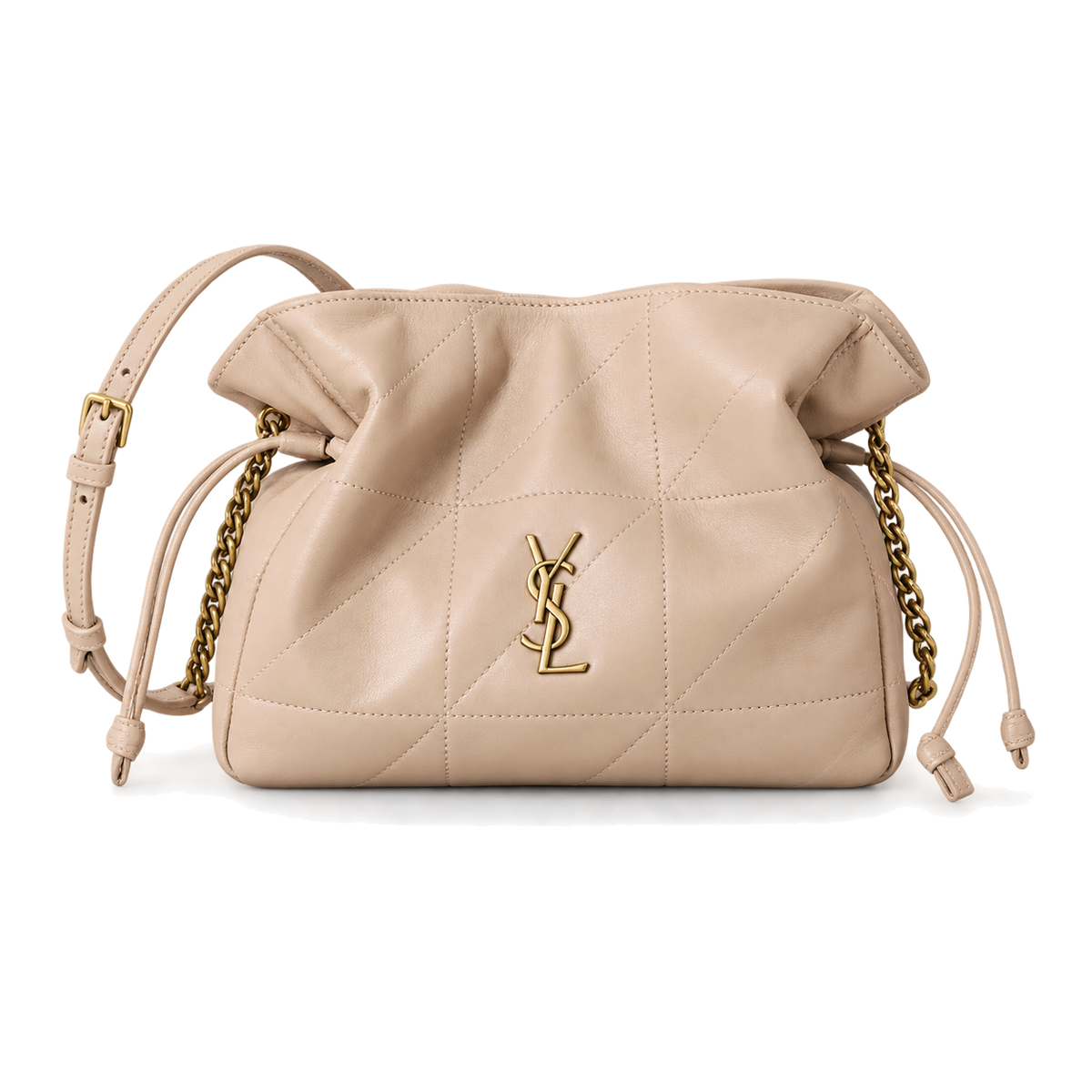 YSL Bouquet Drawstring Bag in beige diamond-quilted leather with gold YSL monogram, chain straps and adjustable shoulder strap, front view
