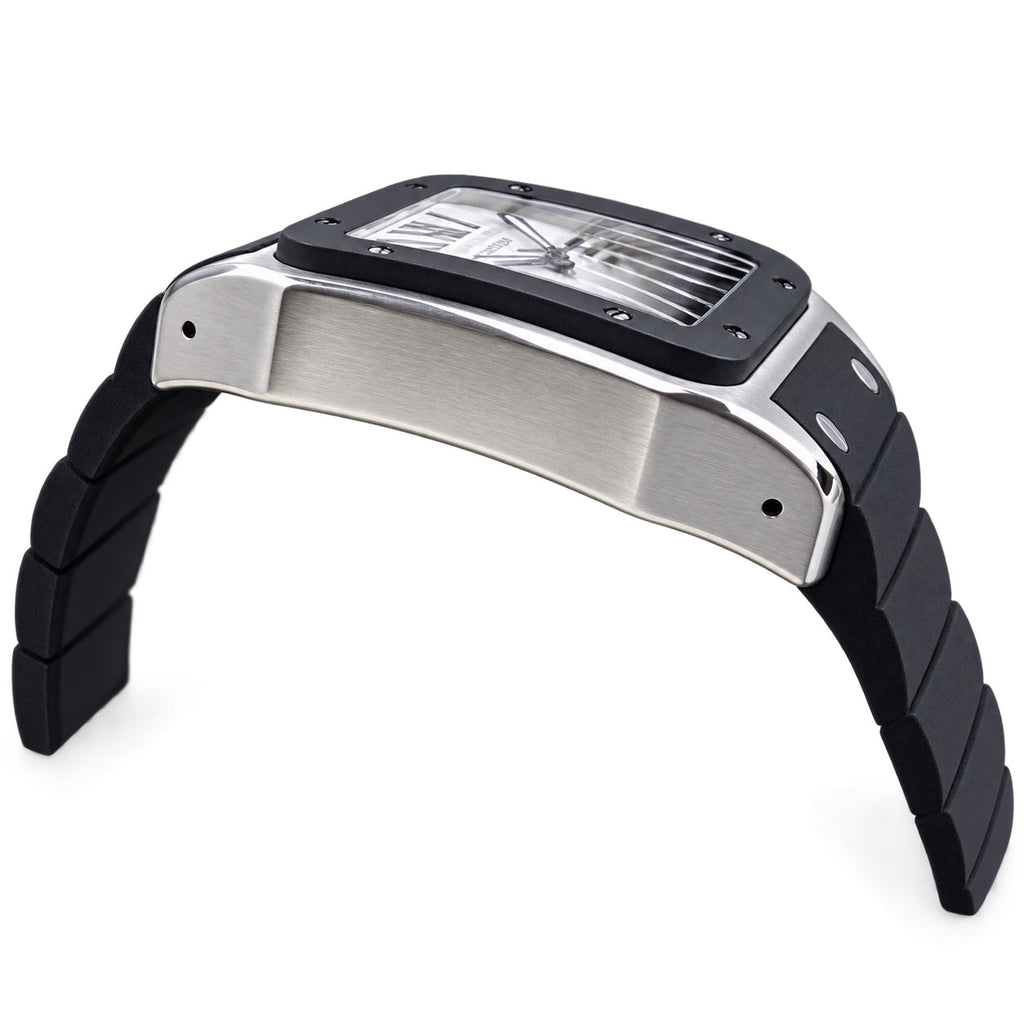 Cartier Santos 100 XL Stainless Steel Black Rubber Bezel White Dial Roman Numeral Black Rubber Strap Automatic Watch