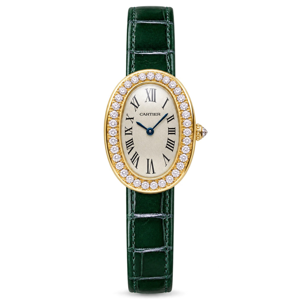 Cartier Baignoire Yellow Gold Diamond Bezel Ivory Dial Green Strap Watch – KDY