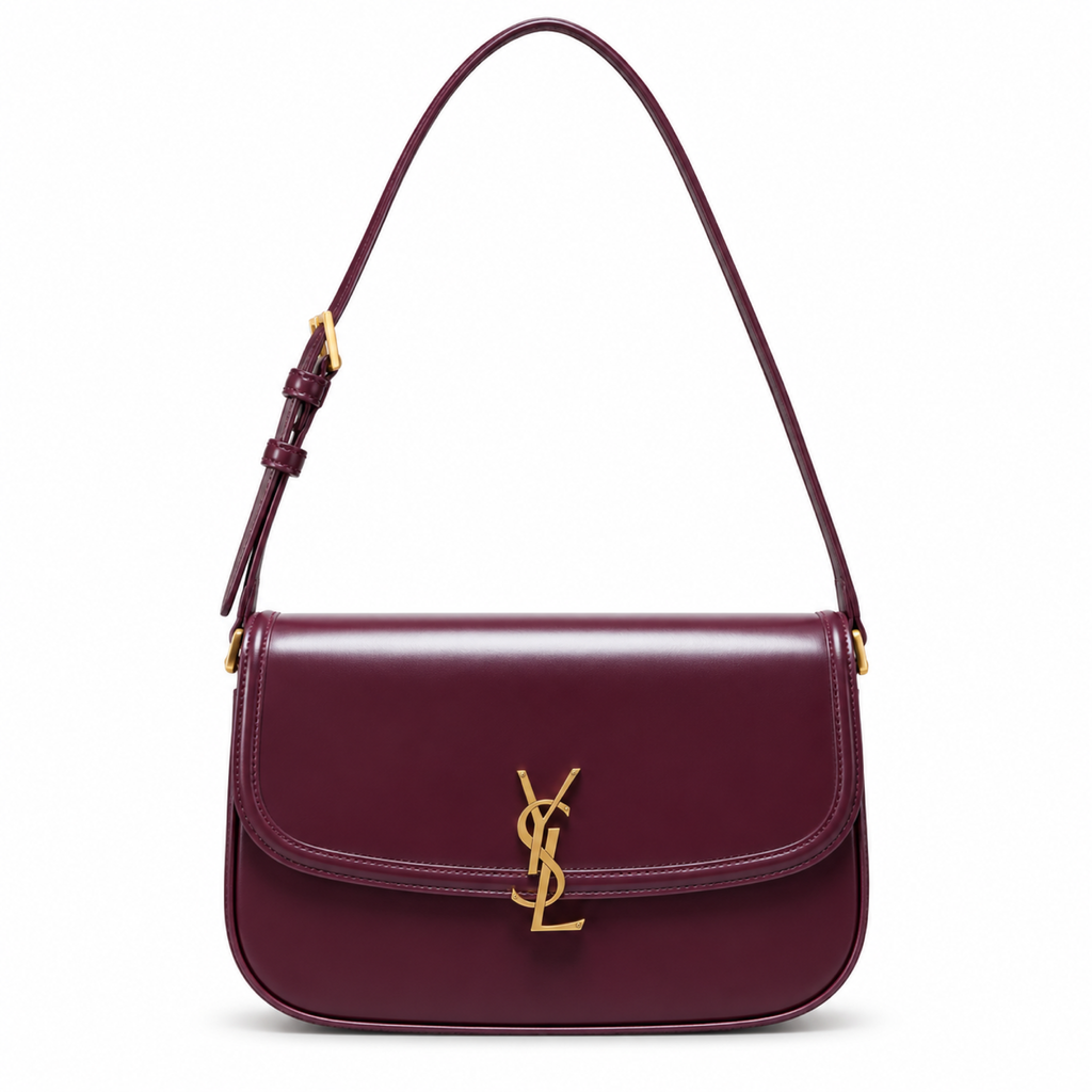 Saint Laurent Solferino Medium flap shoulder bag in burgundy box calfskin leather with antique gold YSL monogram and slim adjustable strap