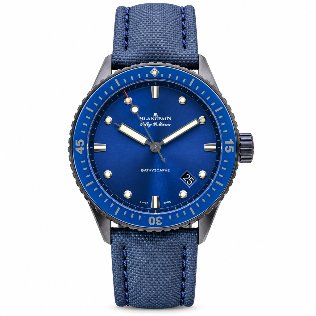 Blancpain Fifty Fathoms Bathyscaphe Ocean Commitment all blue DLC ceramic bezel canvas strap