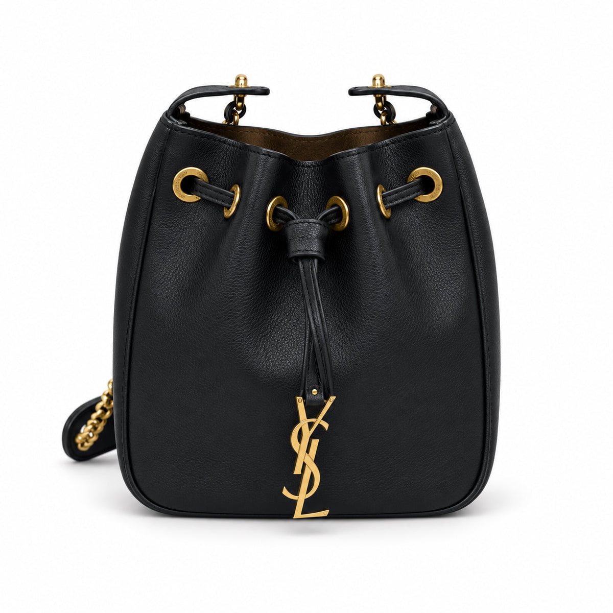 YSL Paris Drawstring Leather Bucket Bag Black