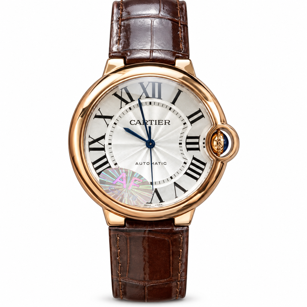 Cartier Ballon Bleu 18K Rose Gold Silver Dial Automatic Watch Brown Strap