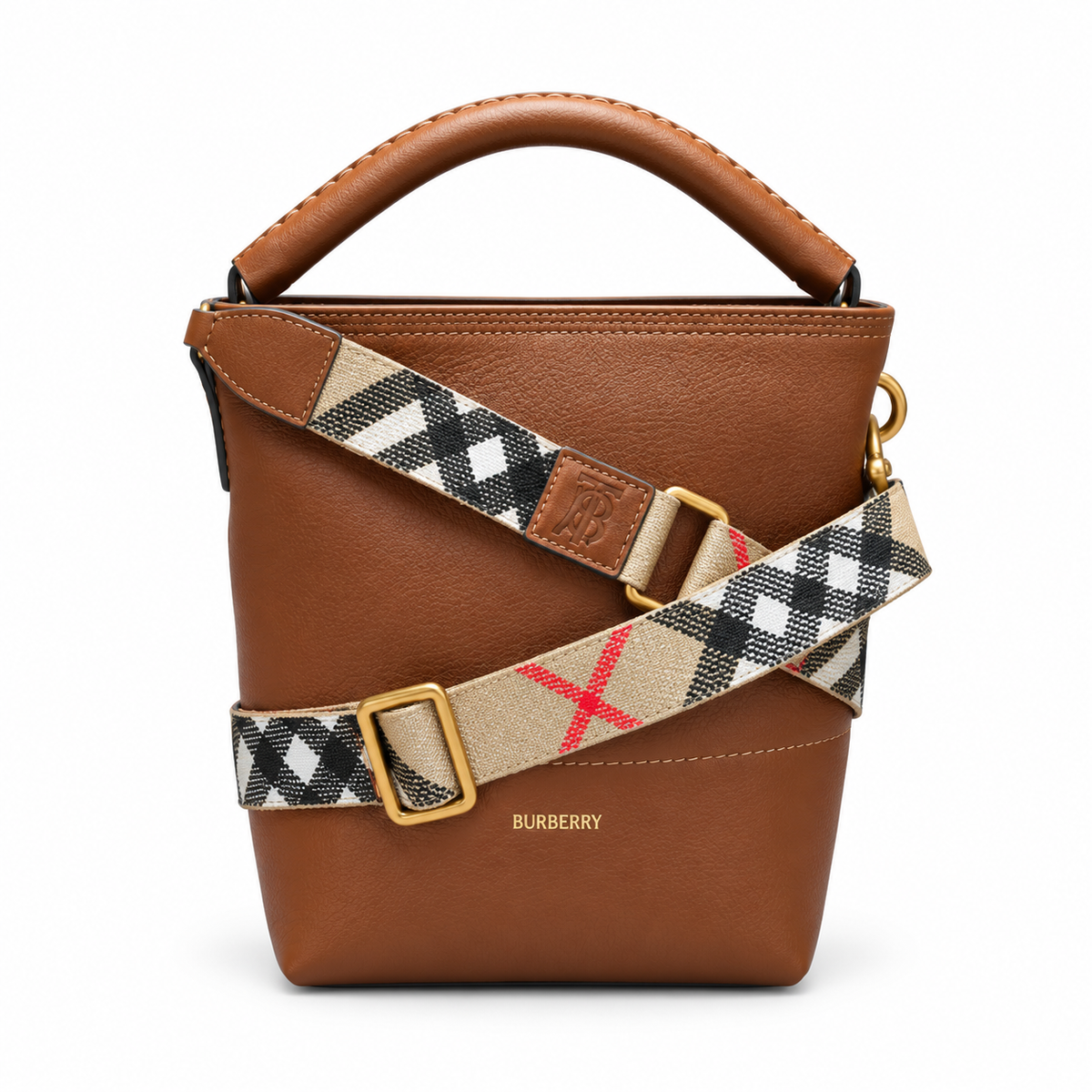 Burberry Leather Bucket Bag with Check Strap