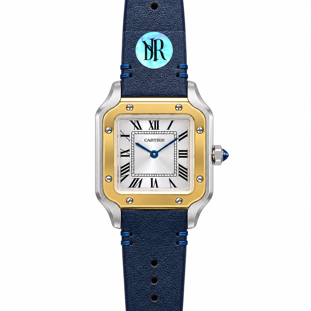Cartier Santos de Cartier Small Steel 18K Yellow Gold Two-Tone Bezel Silver Opaline Dial Quartz Deep Navy Blue Leather Strap Watch