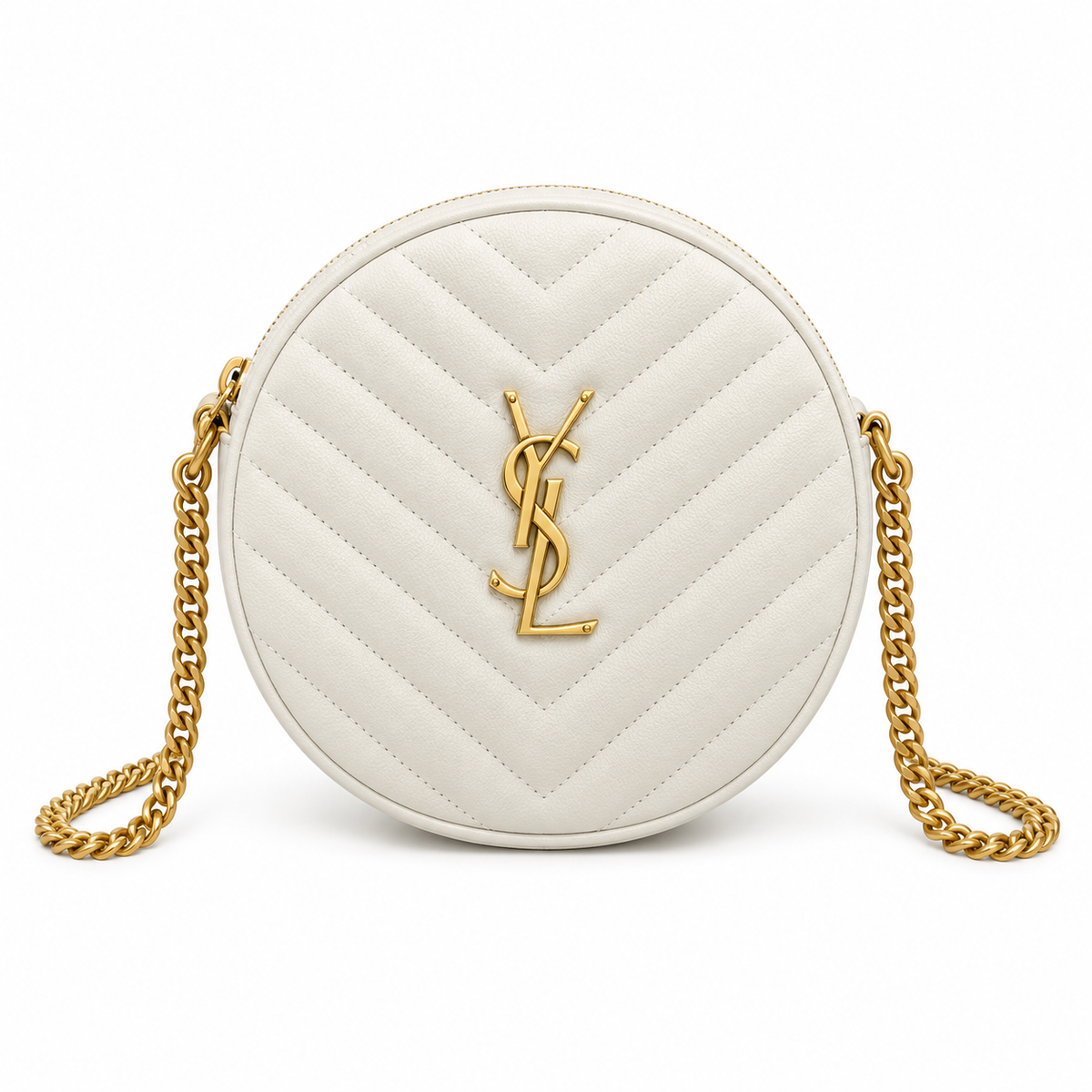 YSL Saint Laurent Vinyle Round Chain Bag Cream Matelasse Chevron Leather Gold YSL Monogram Gold Curb Chain Strap