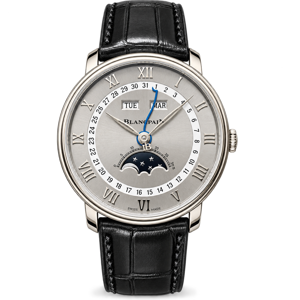 Blancpain Villeret Moonphase Full Calendar Steel Blue Hands Black Alligator Watch