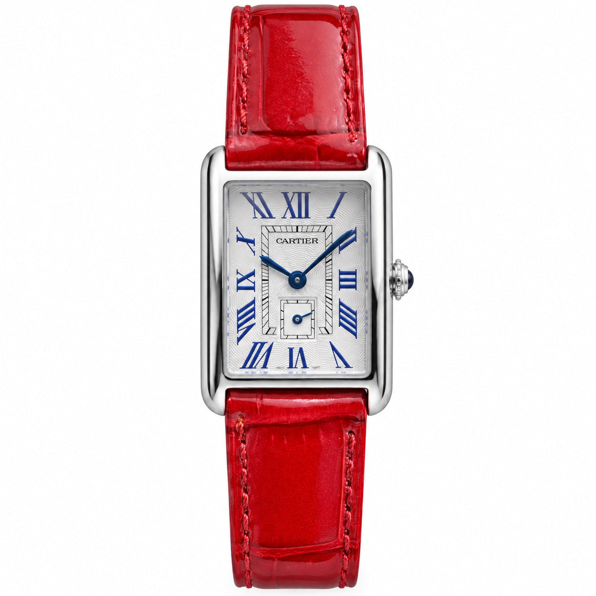 Cartier Tank Must silver rectangular case blue Roman numeral dial red leather strap