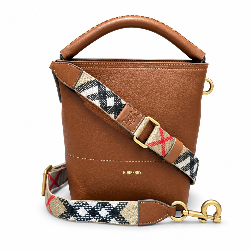Burberry Leather Bucket Bag with Check Strap