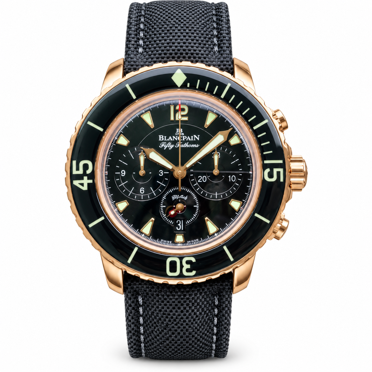 Blancpain Fifty Fathoms Flyback Chronograph rose gold black dial ceramic bezel canvas strap