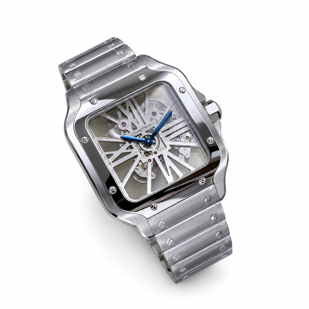 Cartier Santos de Cartier Large Stainless Steel Skeleton Silver Roman Numeral Steel Bracelet Automatic Watch