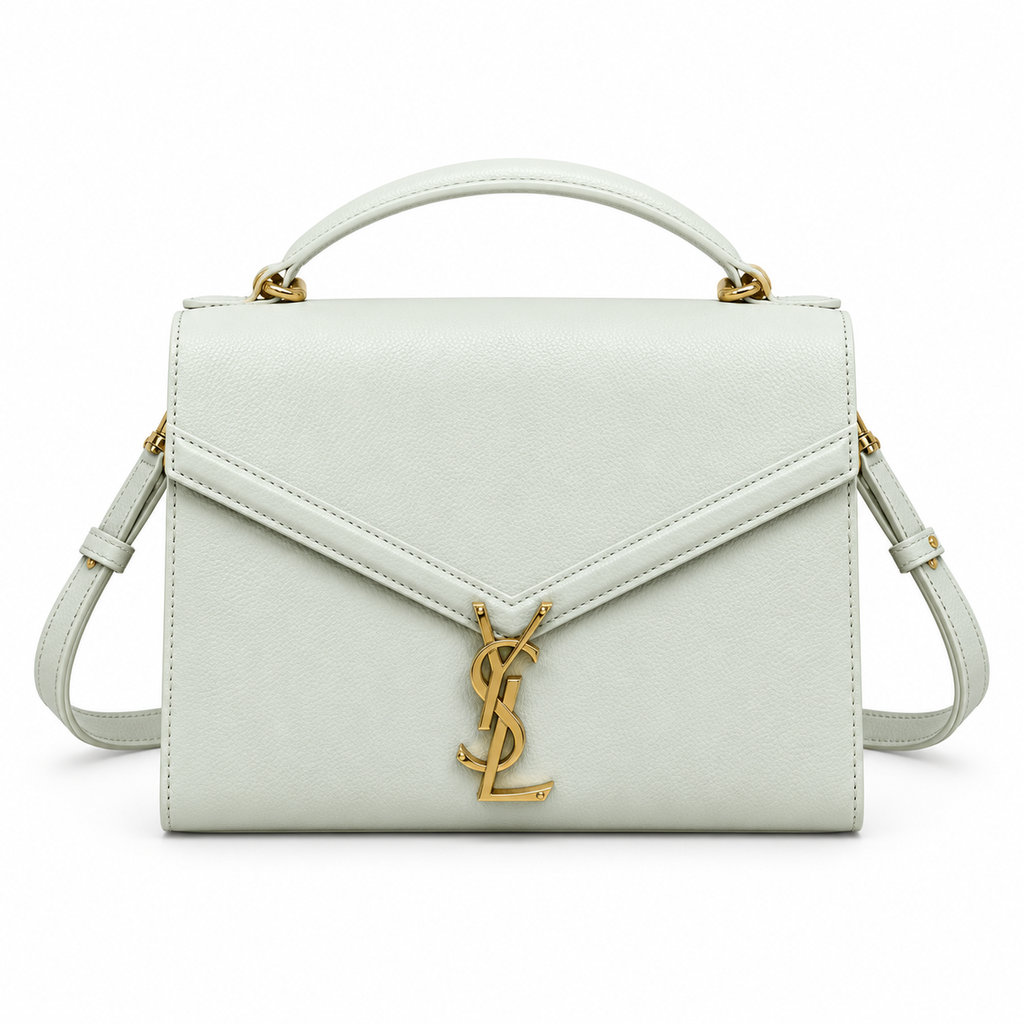 YSL Cassandra Mini Top Handle Bag White Smooth Leather Gold Monogram Saint Laurent