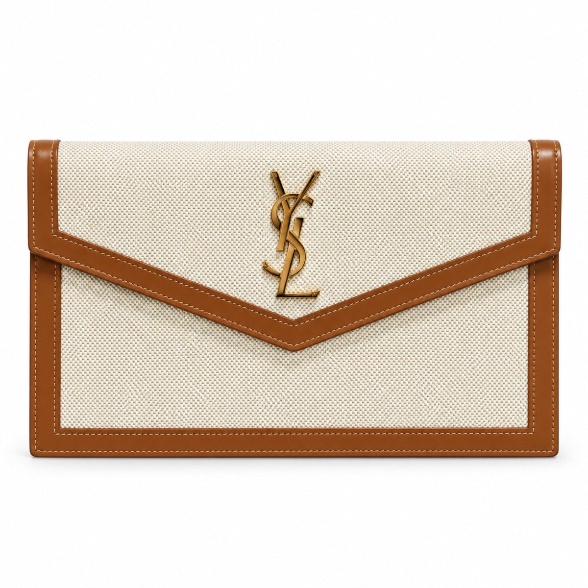 YSL Saint Laurent Cassandre Envelope Clutch in Natural Linen and Tan Leather