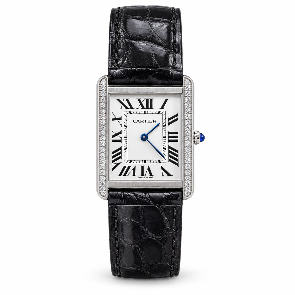 Cartier Tank Louis Cartier Large 18K White Gold Diamond-Set Lugs Silver Dial Quartz Black Alligator Strap Watch