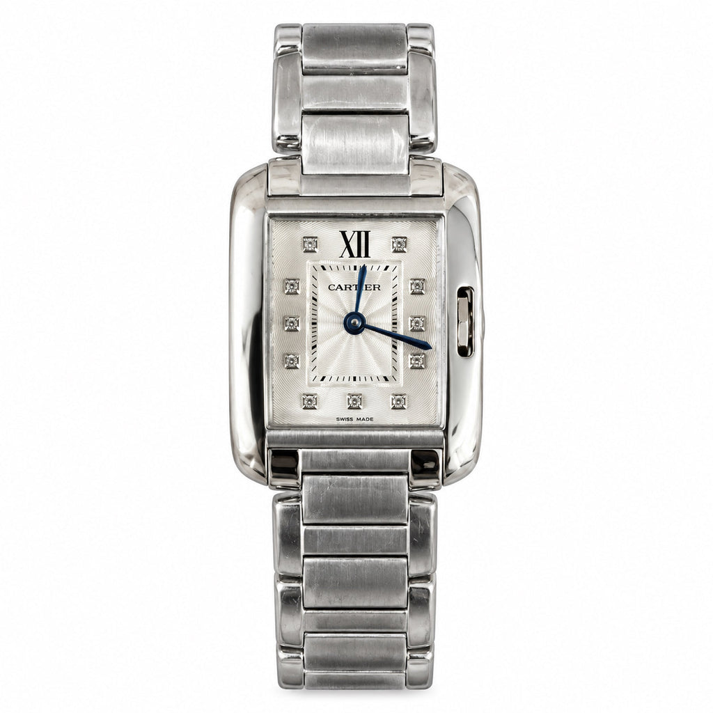 Cartier Tank Anglaise Small — Steel, Silver Diamond-Set Dial, Roman Numerals & Steel Bracelet, Women
