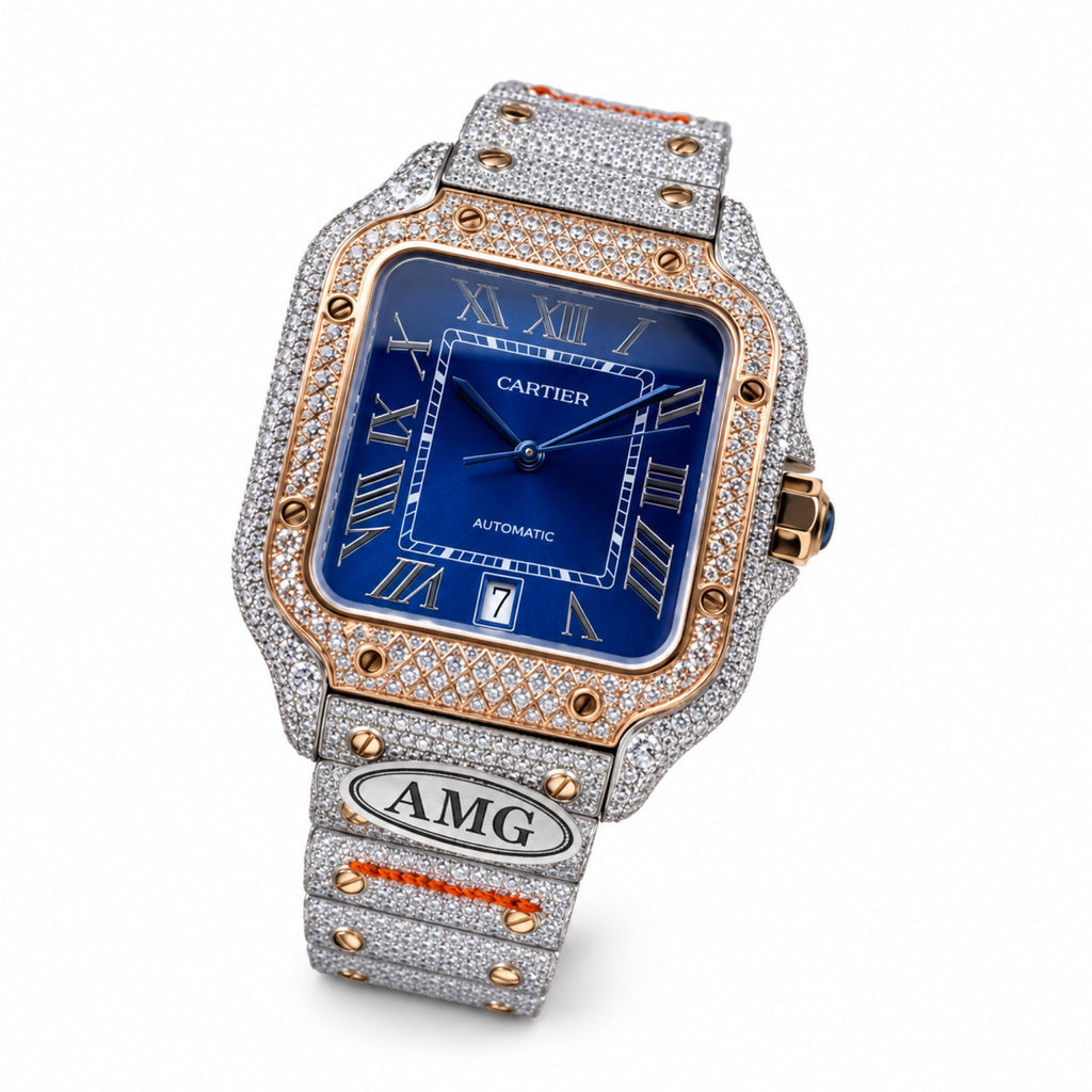 Cartier Santos de Cartier Large — Steel & Rose Gold, Full Iced-Out Diamonds, Blue Dial, Date & Diamond Bracelet, Automatic
