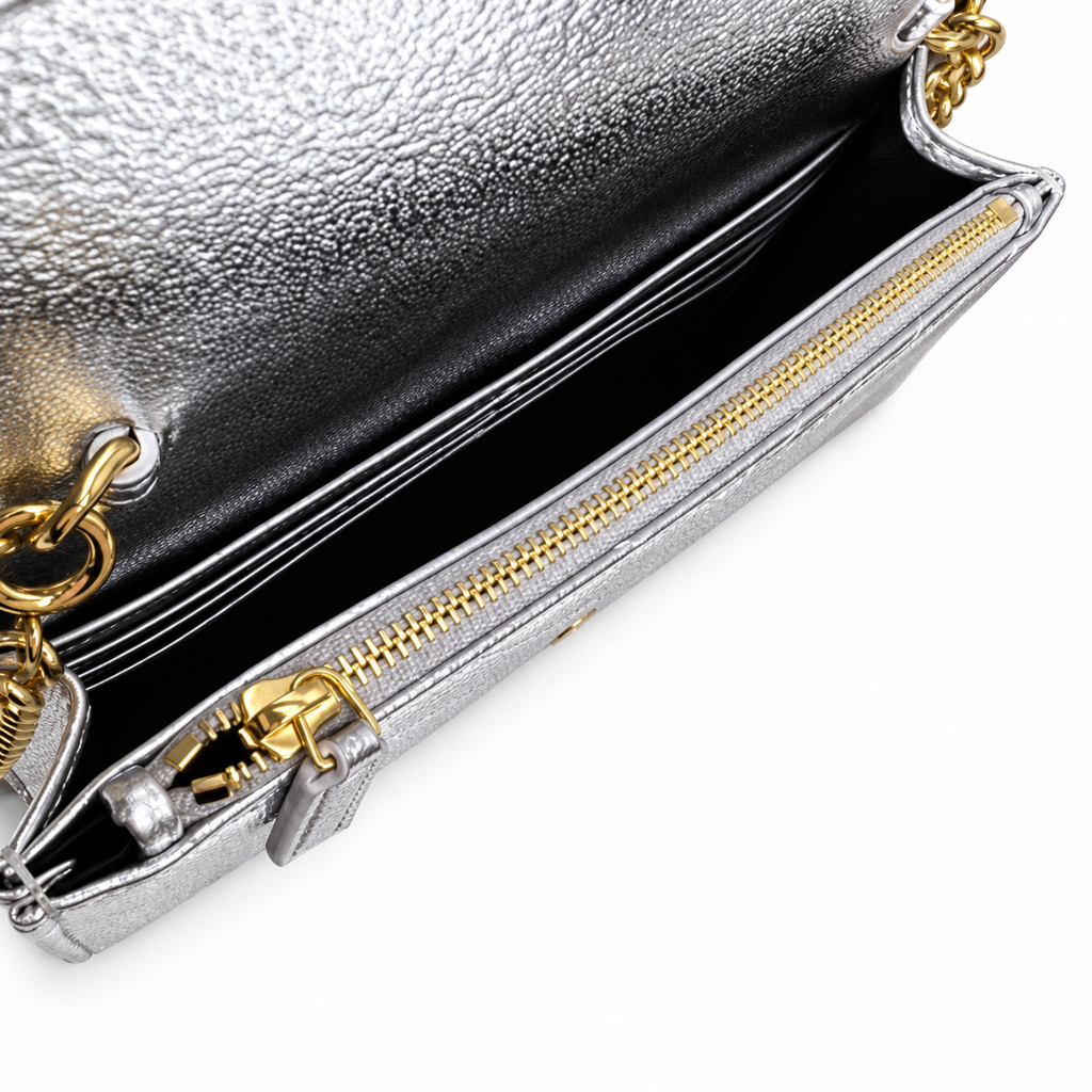 YSL Saint Laurent Envelope Chain Wallet in Silver Matelassé Leather