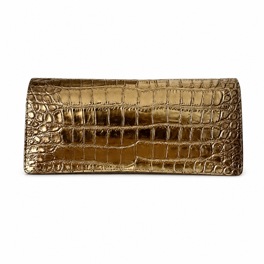 Chanel Gold Croc-Embossed Evening Clutch | Jeweled Scarab — Blue Lapis & Red Enamel Gold Star — 30cm