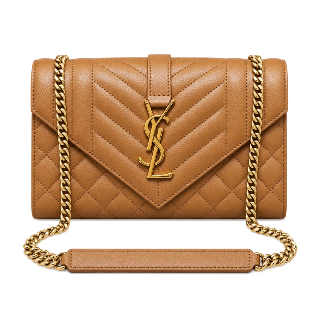 Saint Laurent YSL Envelope small chain crossbody bag in camel warm tan chevron quilted grained calfskin leather with oversized gold YSL monogram and gold curb chain with leather shoulder pad