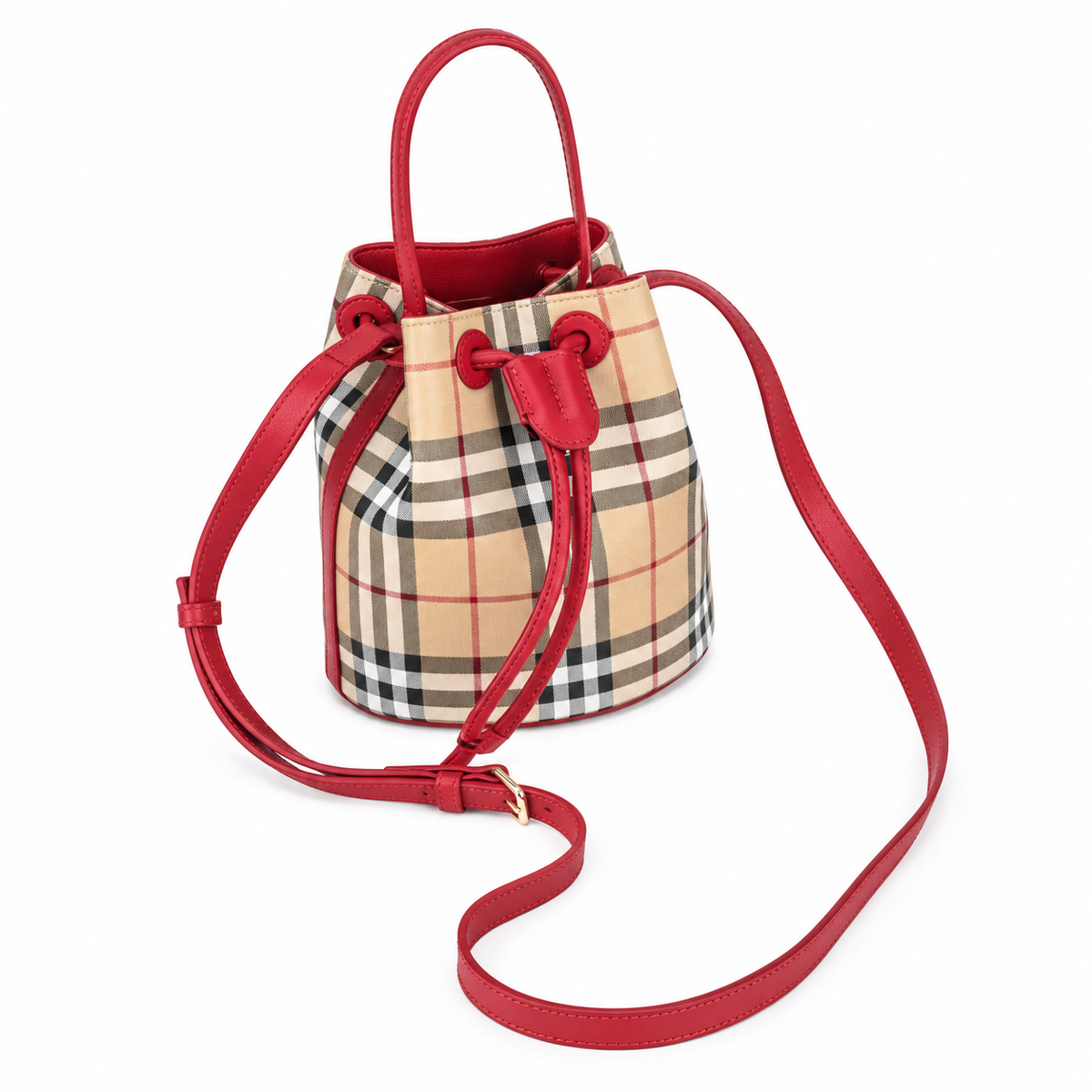 Burberry Check Bucket Bag with Red Trim
