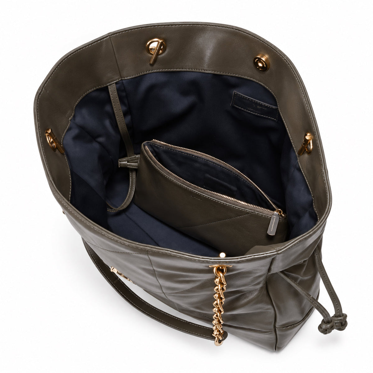 YSL Saint Laurent Bougeoir Drawstring Tote in Khaki Quilted Leather