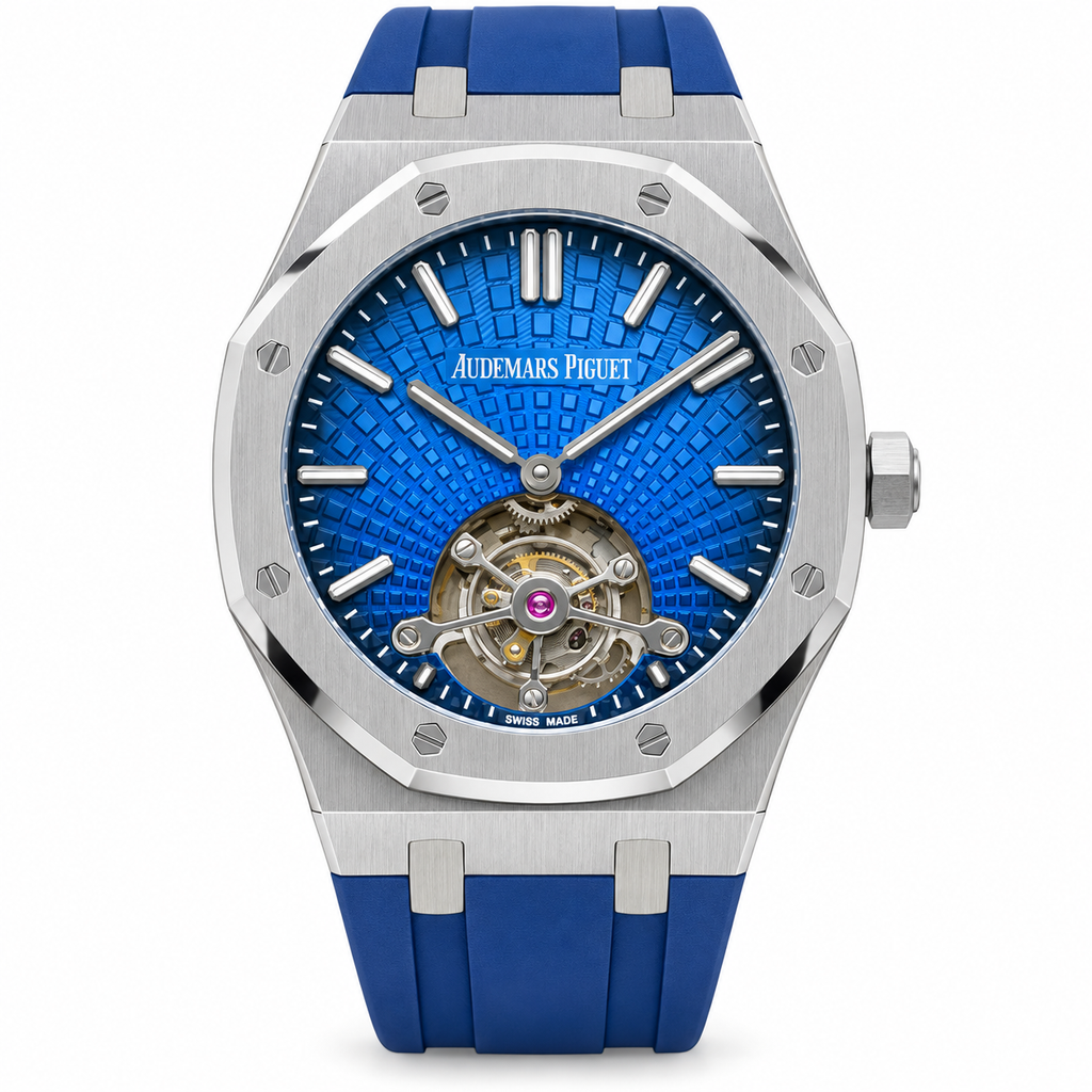 Audemars Piguet Royal Oak Tourbillon Stainless Steel Electric Blue Grande Tapisserie Dial Blue Rubber Strap