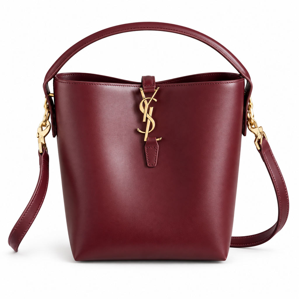 YSL Le 37 Large Bucket Bag in burgundy smooth leather with gold YSL cassandre monogram charm, structured top loop handle and wide adjustable crossbody strap, front view