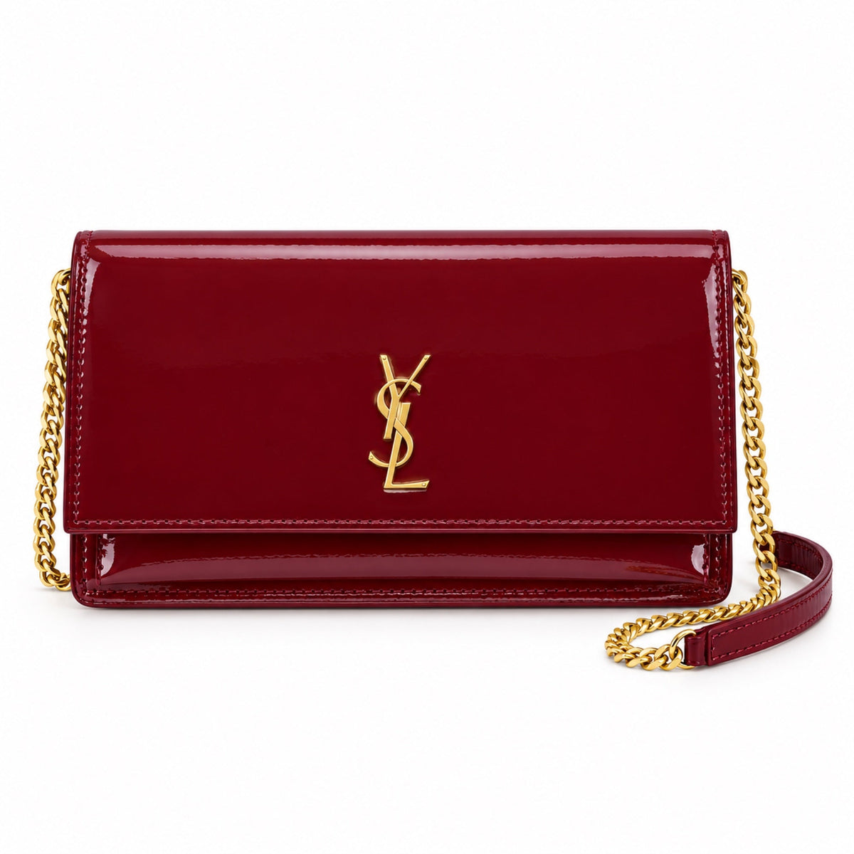 YSL Saint Laurent Kate Chain Bag Burgundy Patent Leather Gold YSL Monogram Gold Chain Strap