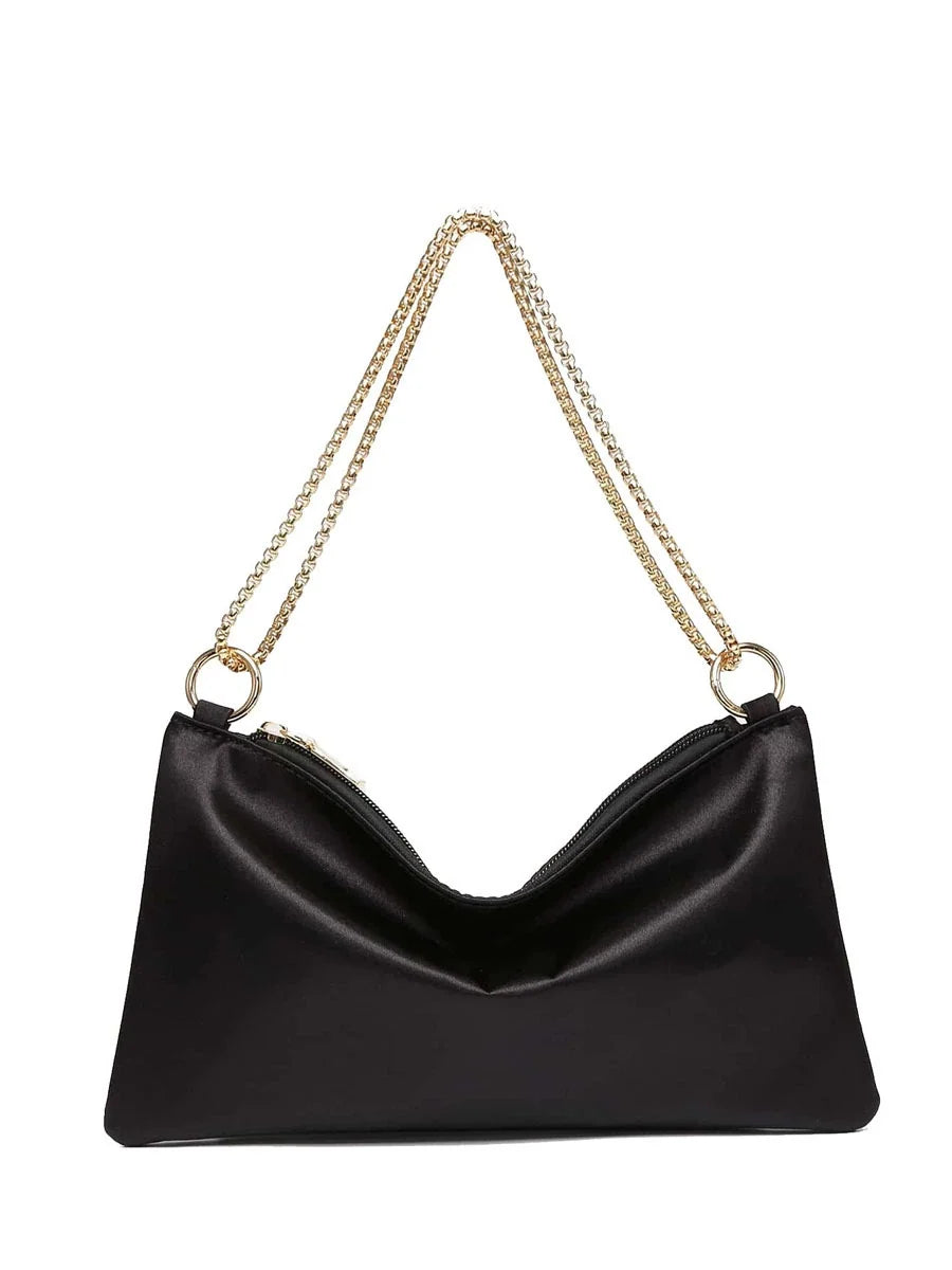 Black Satin V-Zip Chain Shoulder Bag