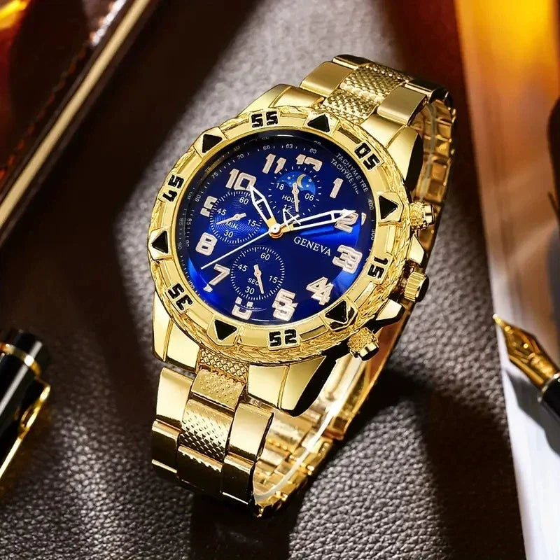Geneva Men's Oversized Chronograph Gold Case Blue Dial Tachymeter Bezel Triple Sub-Dial Moon Phase Gold Steel Bracelet
