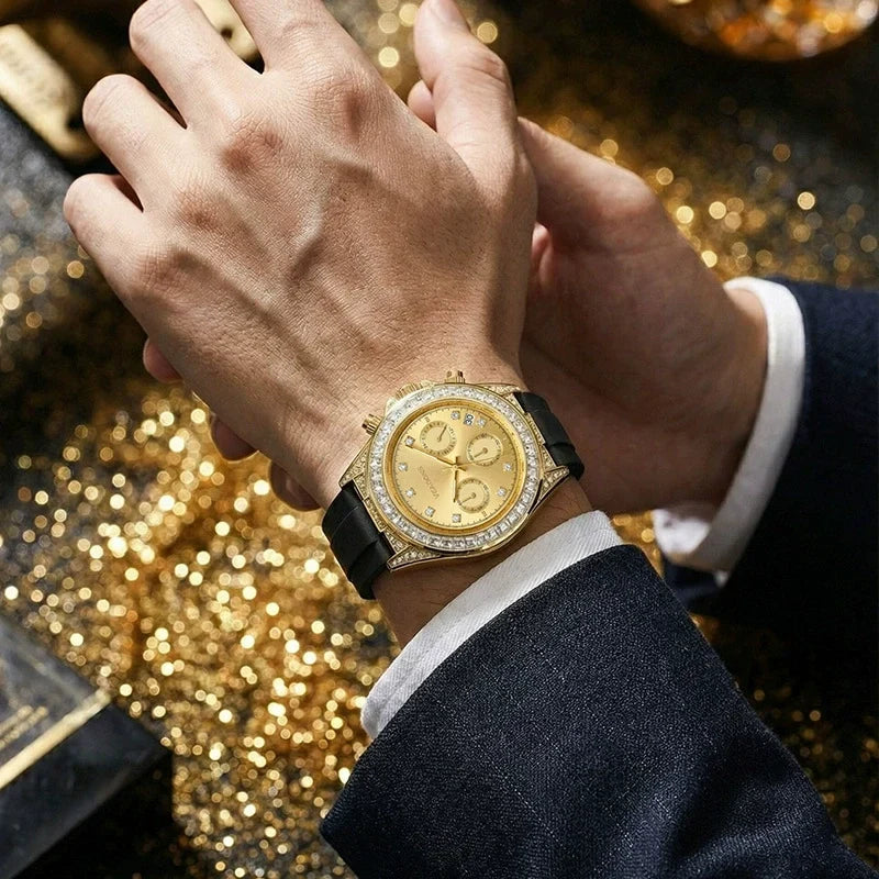 Veadons Chronograph — Gold-Tone, Full Crystal Bezel, Black Dial & Black Rubber Strap, Men