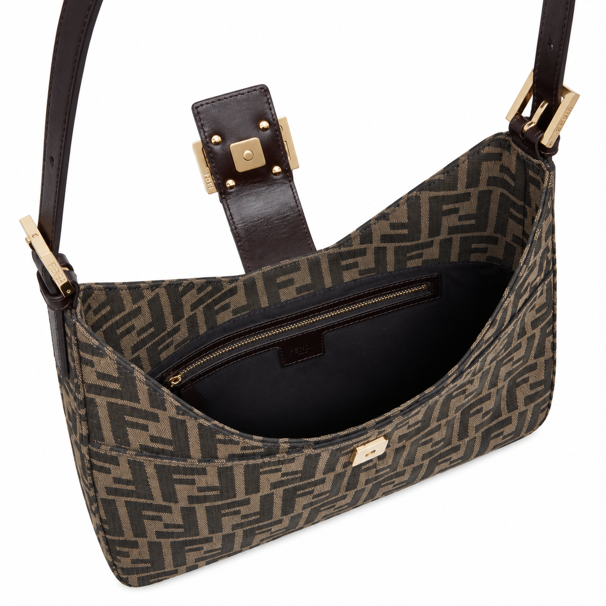 Fendi FF Shoulder Bag – Jacquard Canvas & Leather Trim, Flap Closure, 29cm